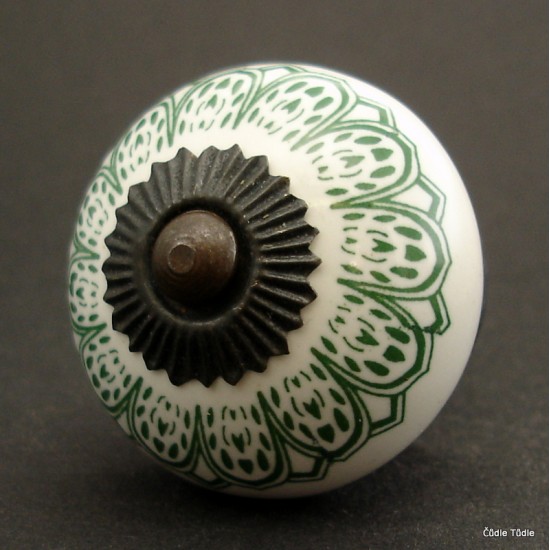 Nábytková úchytka bílá s tmavě zeleným ornamentem 4 cm - knopka